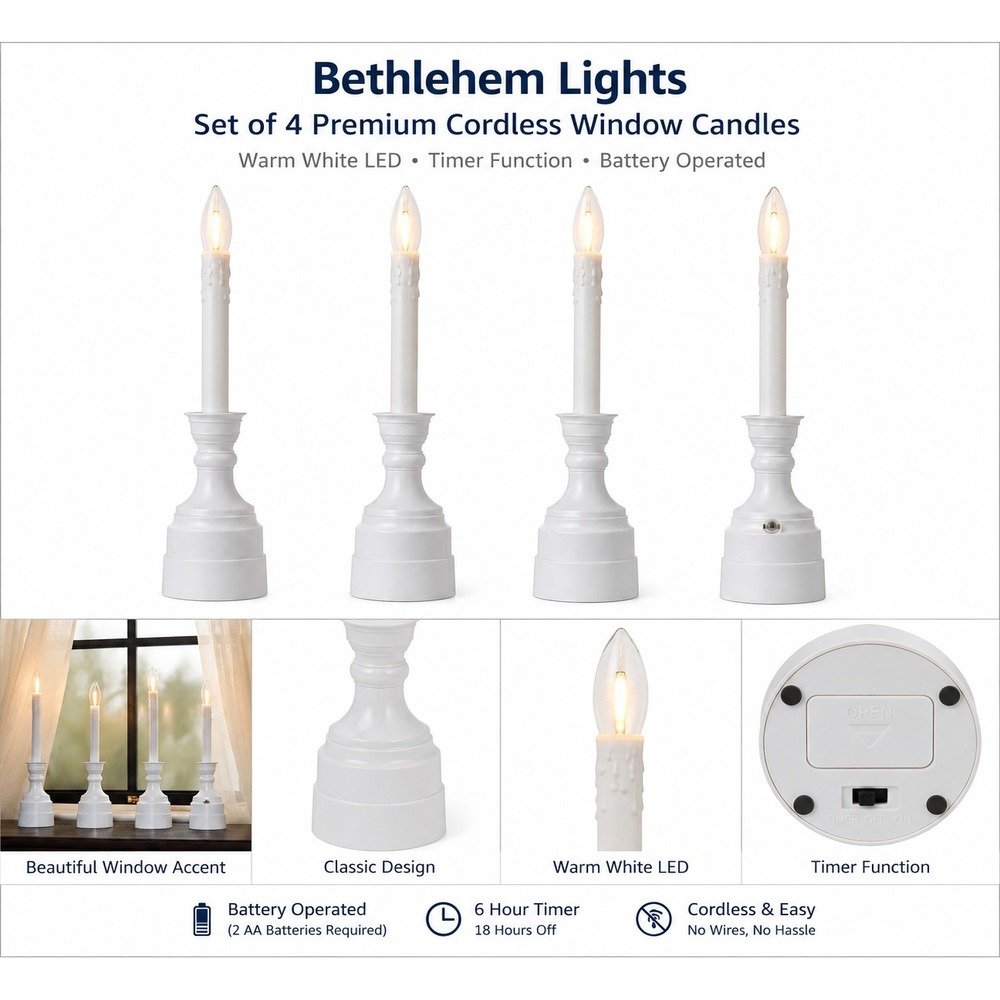 Bethlehem‎ Lights Set of 4 Adjustable Cordless Window Candles Photo Sensor Timer